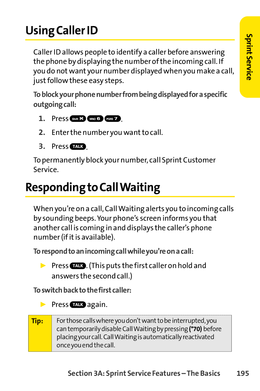 Sprint Nextel SCP-7050 manual Using Caller ID, Responding to CallWaiting, Torespondtoanincomingcallwhileyou’reonacall, 195 