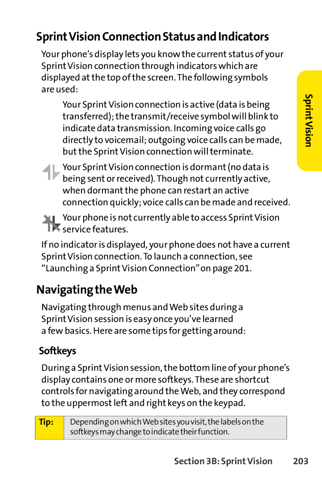 Sprint Nextel SCP-7050 manual Navigating theWeb, SprintVision Connection Status and Indicators, Softkeys, 203 