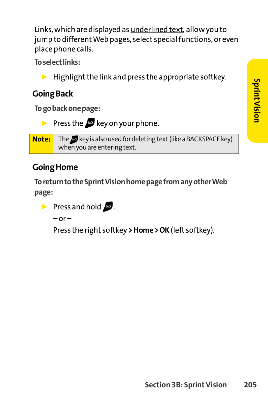 Sprint Nextel SCP-7050 manual GoingBack, GoingHome, Toselectlinks, Togobackonepage, 205 