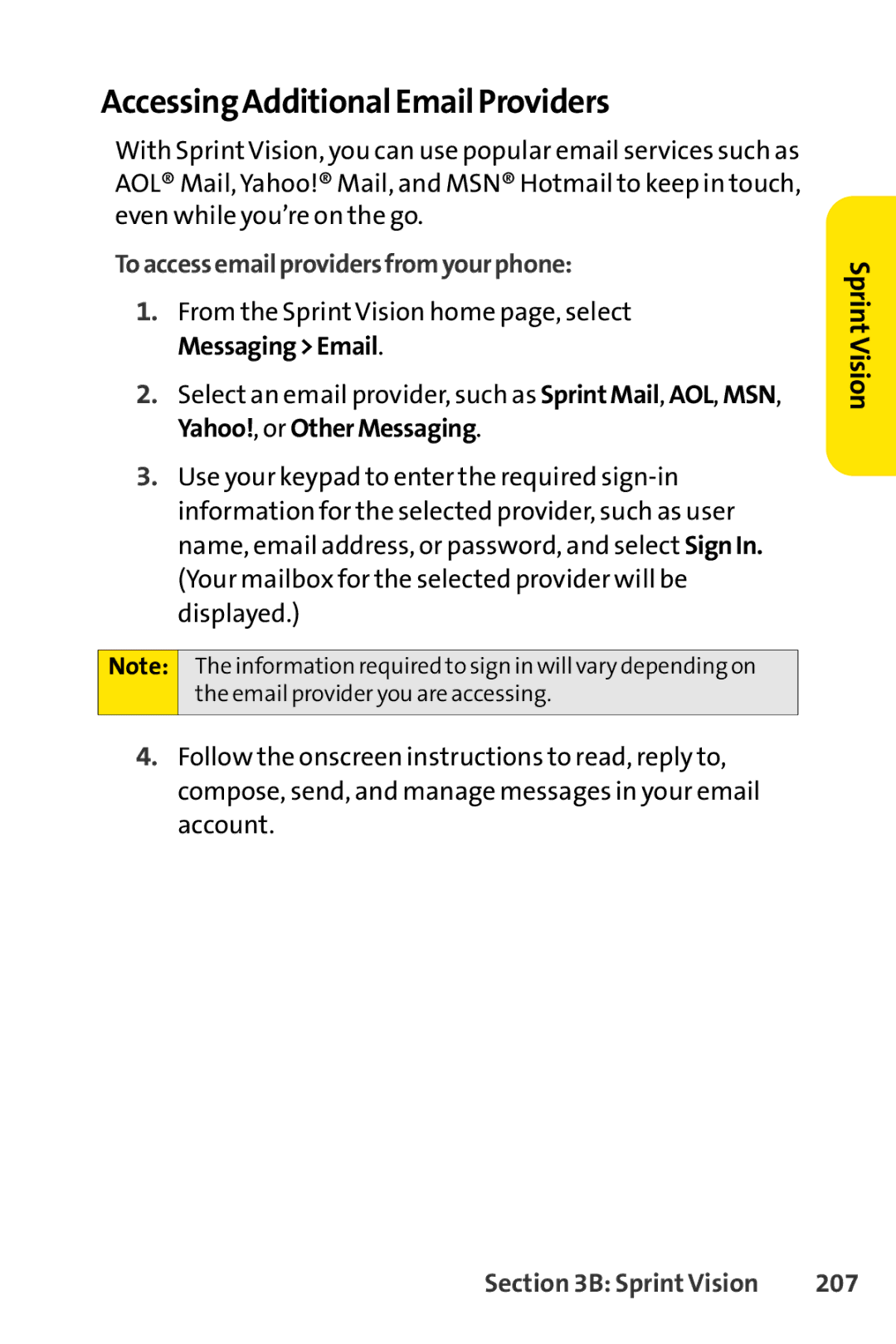 Sprint Nextel SCP-7050 manual Accessing Additional Email Providers, To access email providers from your phone, 207 