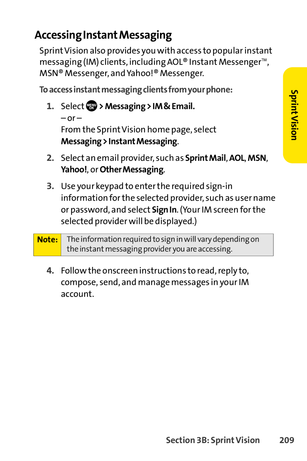 Sprint Nextel SCP-7050 manual Accessing InstantMessaging, To access instantmessagingclients from your phone, 209 