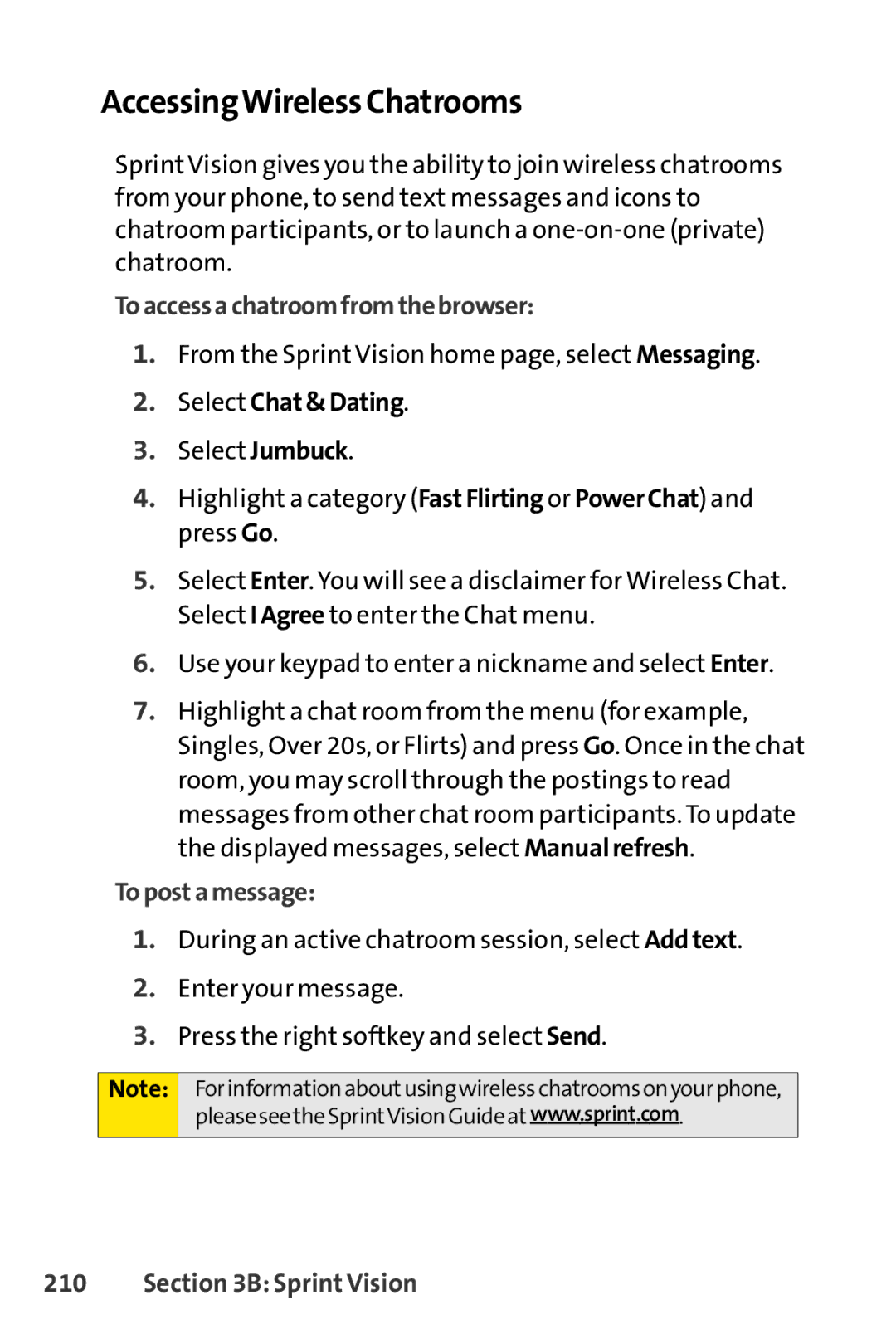 Sprint Nextel SCP-7050 AccessingWirelessChatrooms, Toaccessachatroomfromthebrowser, Select Chat&Dating, Topostamessage 