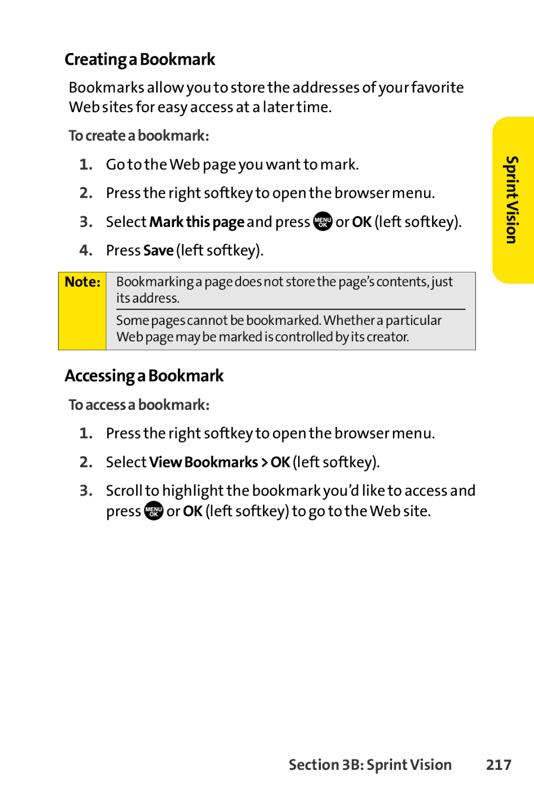Sprint Nextel SCP-7050 manual CreatingaBookmark, AccessingaBookmark, Tocreateabookmark, Toaccessabookmark, 217 