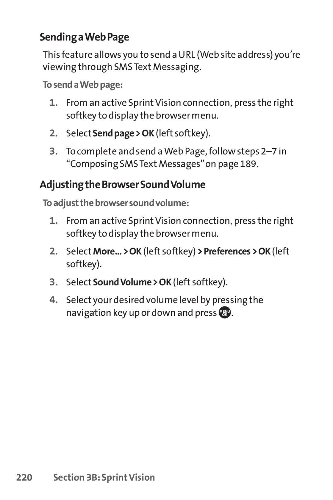Sprint Nextel SCP-7050 SendingaWebPage, AdjustingtheBrowserSoundVolume, TosendaWebpage, Toadjustthebrowsersoundvolume 
