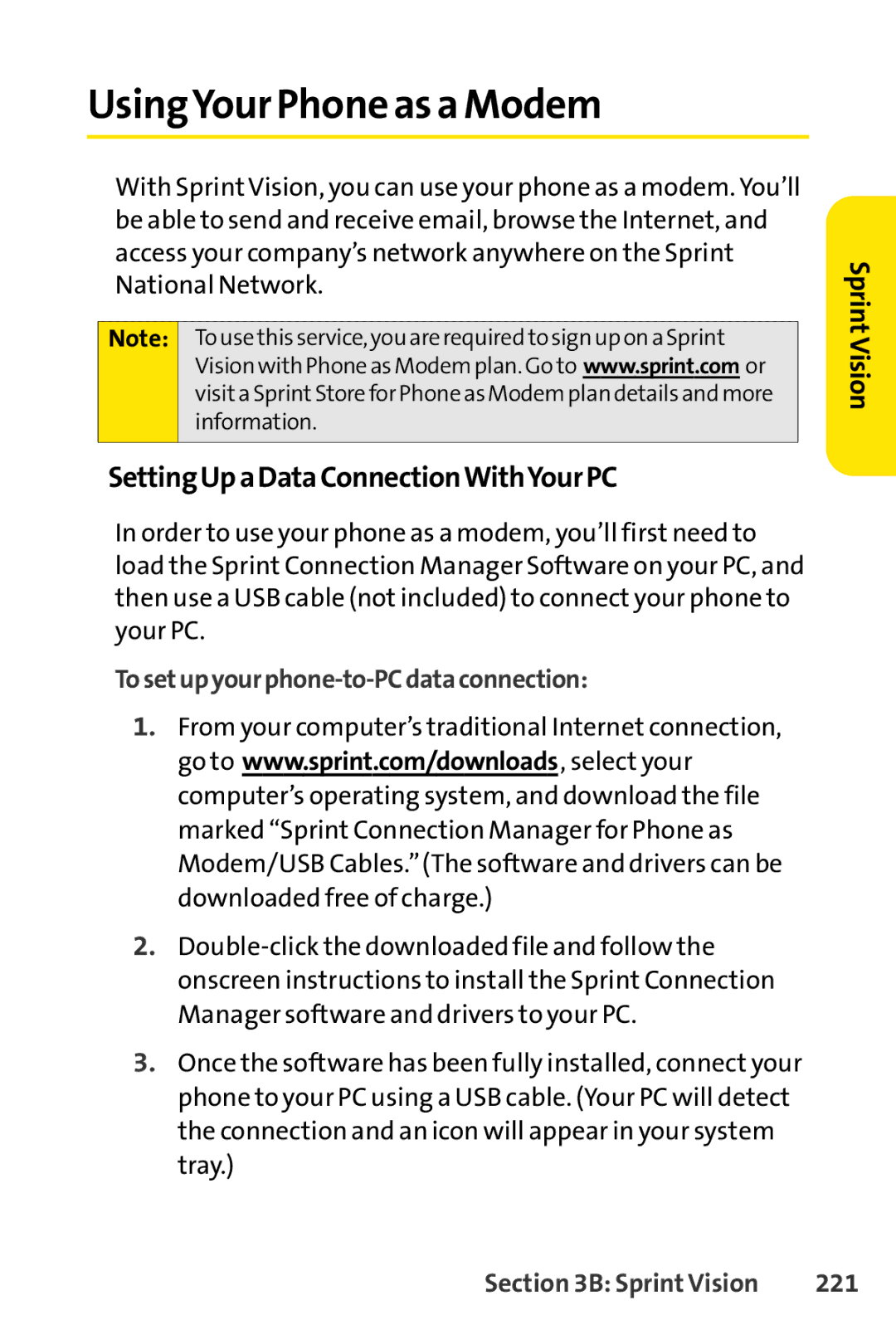 Sprint Nextel SCP-7050 manual UsingYour Phone as a Modem, SettingUpaDataConnectionWithYourPC, 221 