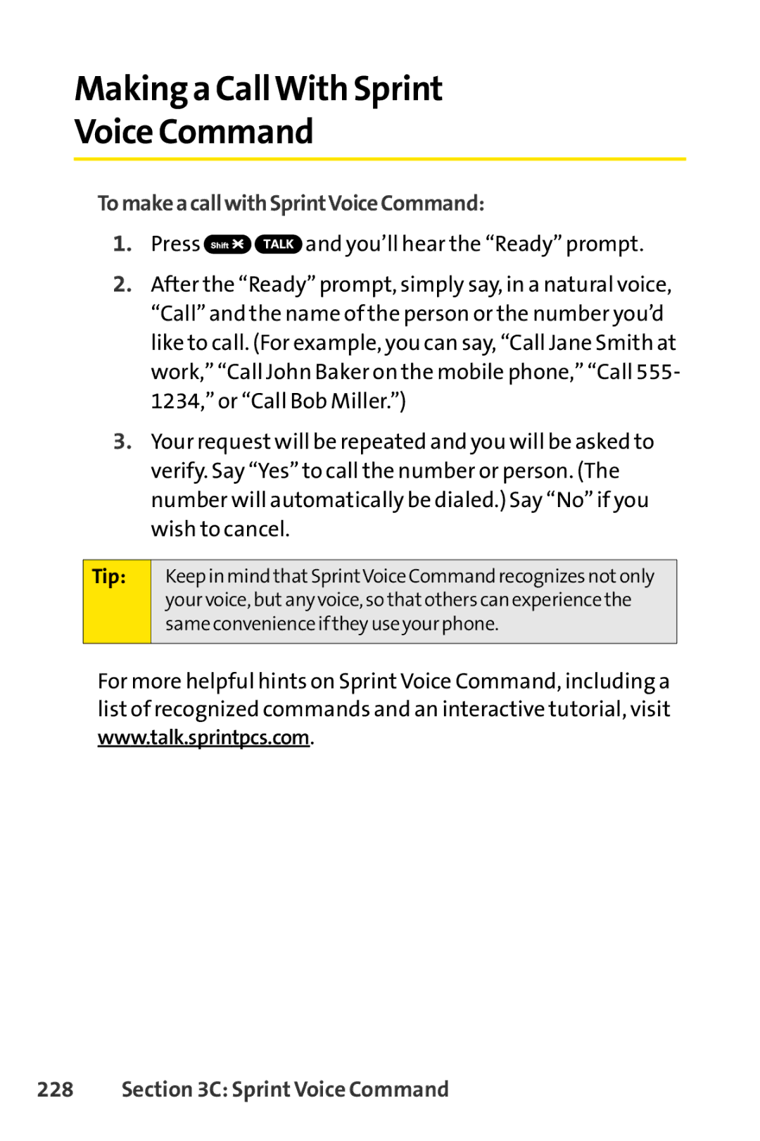 Sprint Nextel SCP-7050 manual Making a CallWith Sprint Voice Command, TomakeacallwithSprintVoiceCommand 