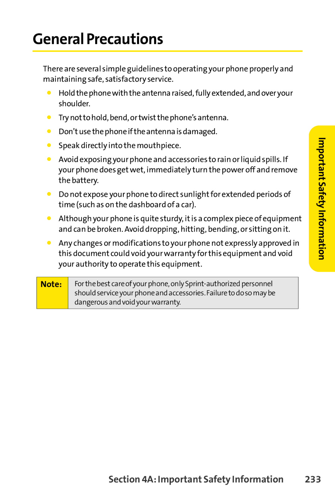 Sprint Nextel SCP-7050 manual General Precautions, Important Safety Information, 233 