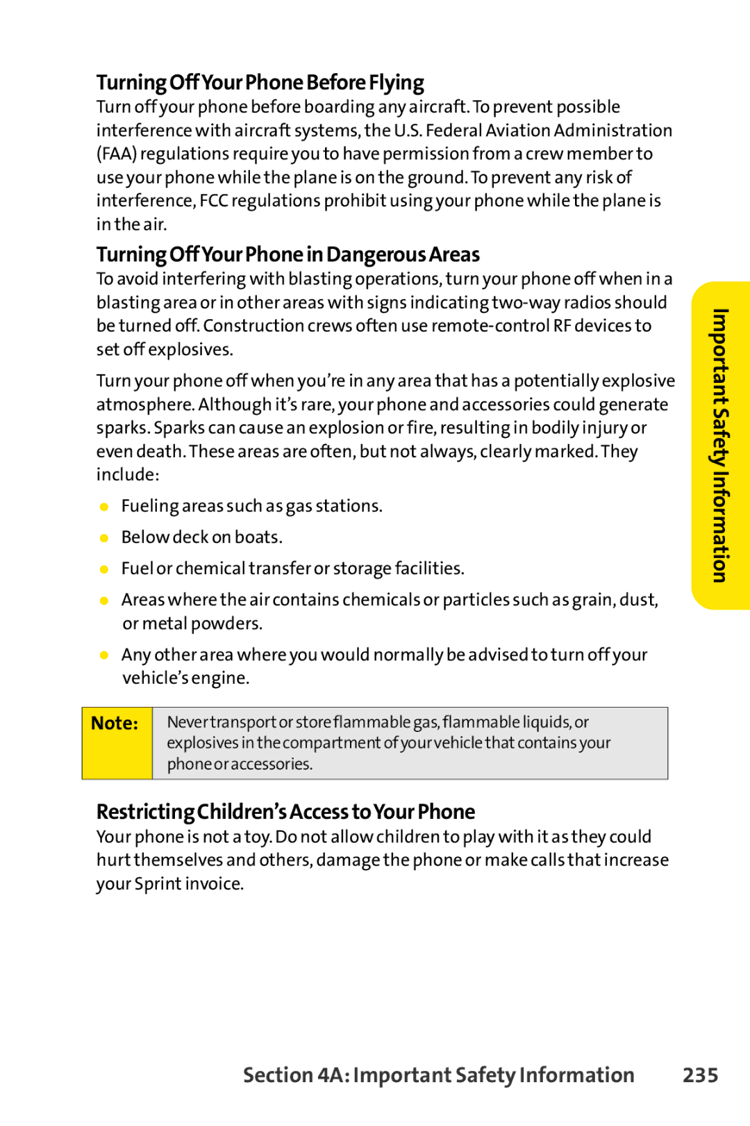 Sprint Nextel SCP-7050 manual TurningOffYourPhoneBeforeFlying, TurningOffYourPhoneinDangerousAreas, 235 