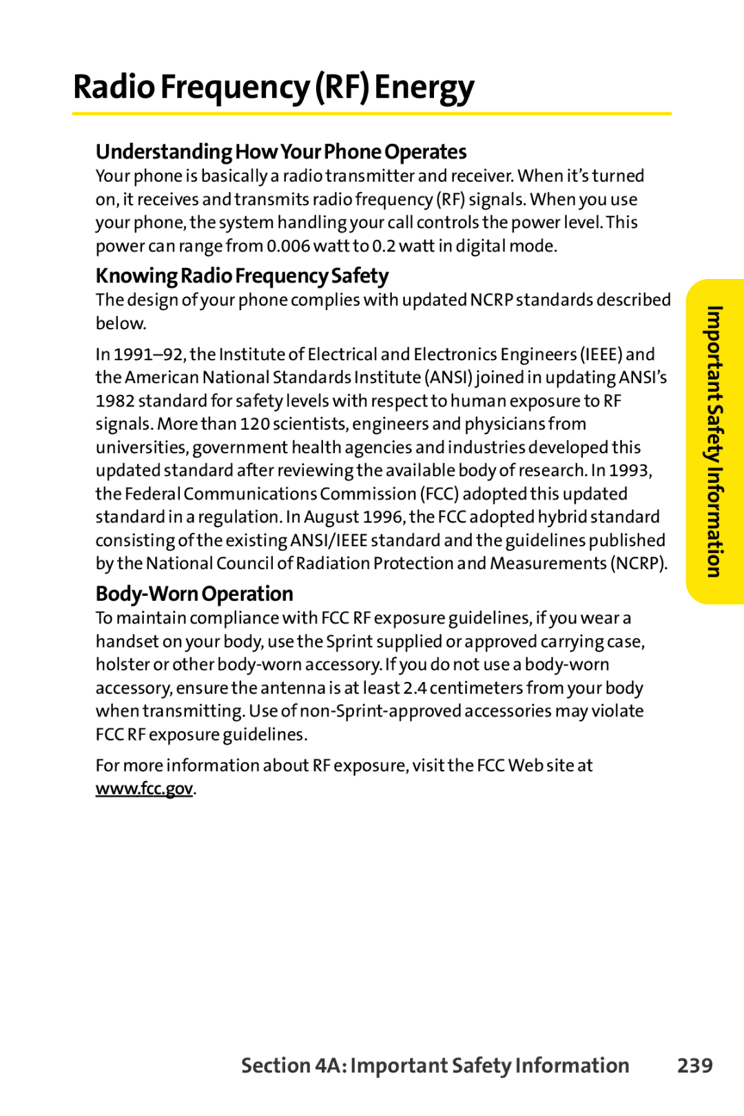 Sprint Nextel SCP-7050 Radio Frequency RF Energy, UnderstandingHowYourPhoneOperates, KnowingRadioFrequencySafety, 239 