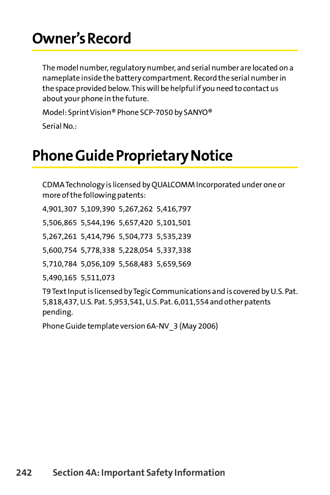 Sprint Nextel SCP-7050 manual Owner’s Record, Phone Guide Proprietary Notice 