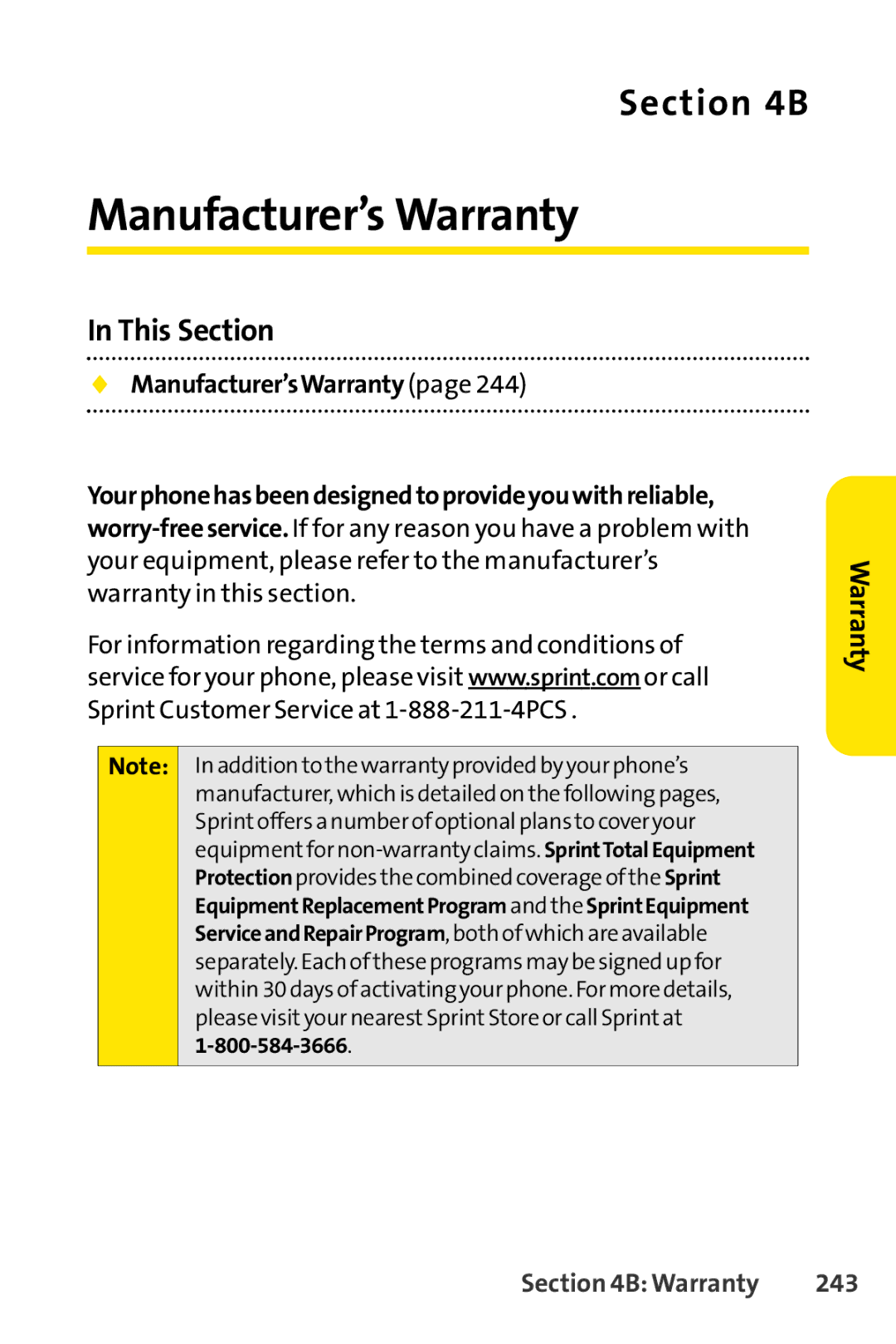 Sprint Nextel SCP-7050 manual Manufacturer’sWarranty, Warranty 243 