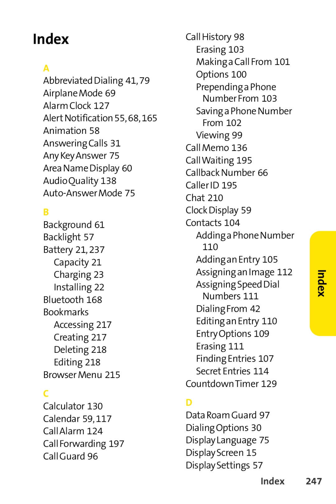 Sprint Nextel SCP-7050 manual Index, 247 