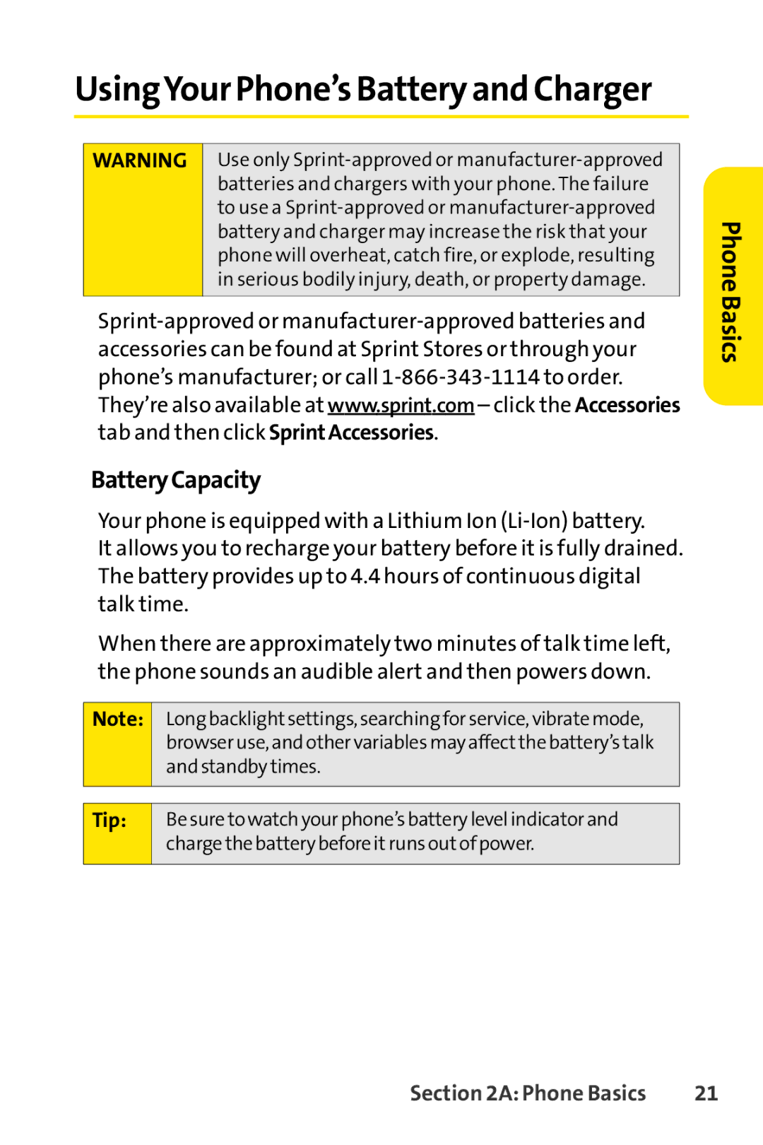 Sprint Nextel SCP-7050 manual UsingYour Phone’s Battery and Charger, BatteryCapacity 