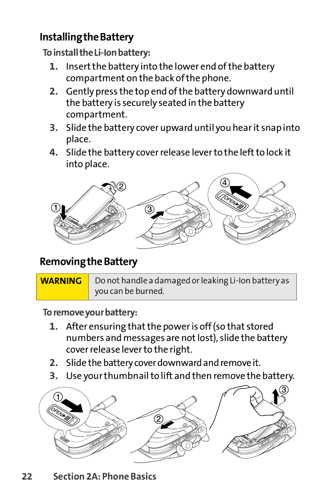 Sprint Nextel SCP-7050 manual InstallingtheBattery, RemovingtheBattery, ToinstalltheLi-Ionbattery, Toremoveyourbattery 