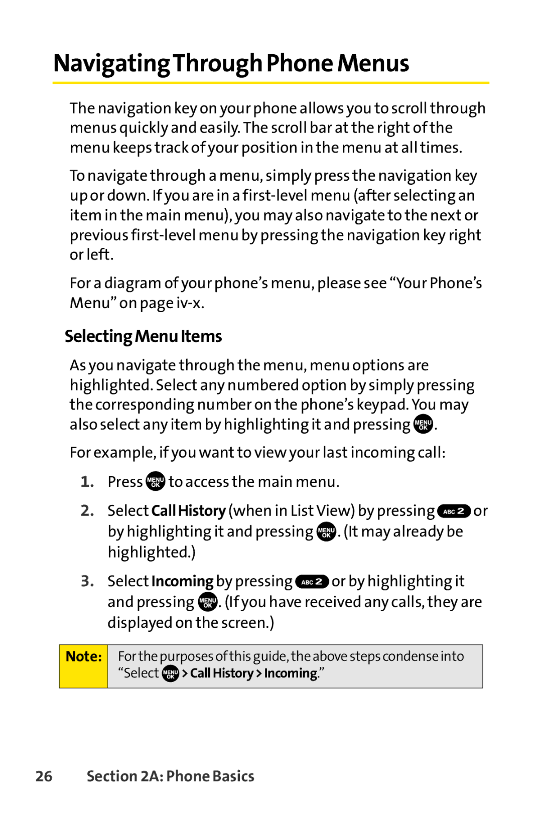 Sprint Nextel SCP-7050 manual NavigatingThrough Phone Menus, Selecting Menu Items 