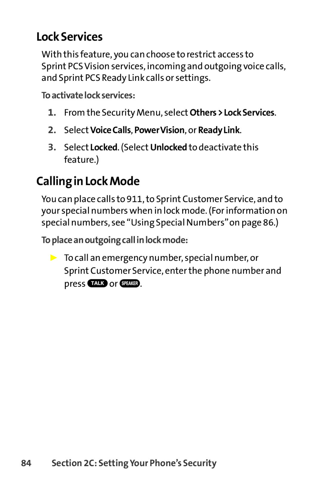 Sprint Nextel SCP-8400 manual Lock Services, Calling in Lock Mode, Toactivatelockservices, Toplaceanoutgoingcallinlockmode 