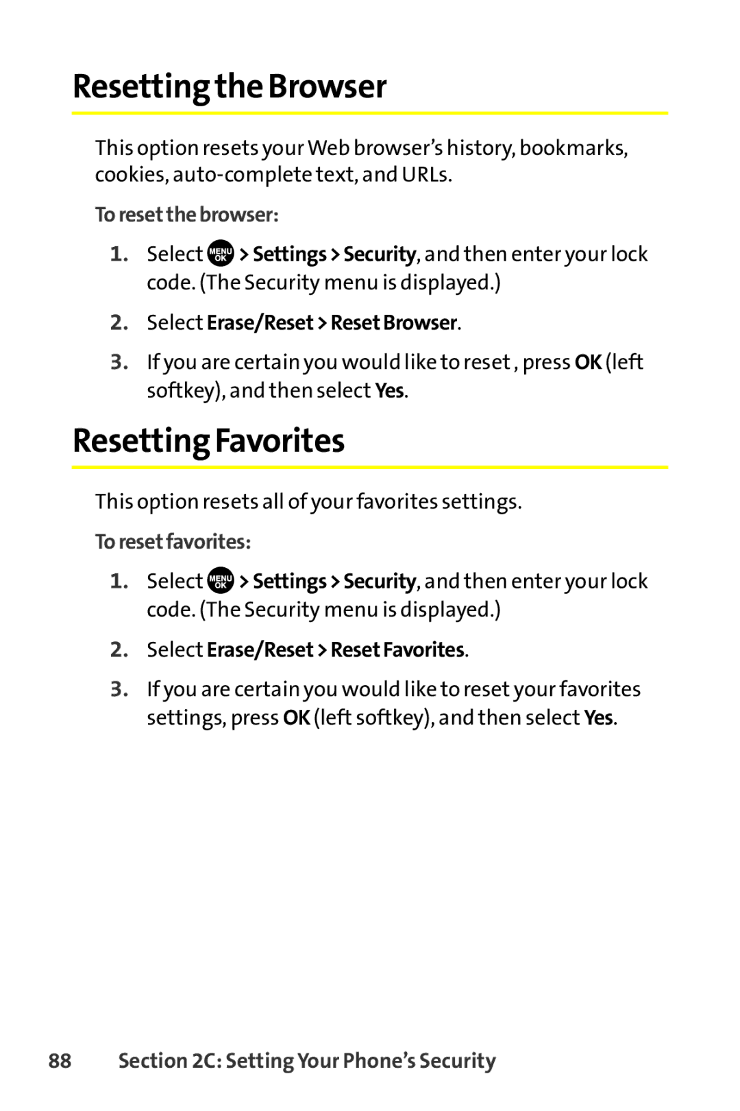 Sprint Nextel SCP-8400 manual Resetting the Browser, Resetting Favorites, Toresetthebrowser, Toresetfavorites 