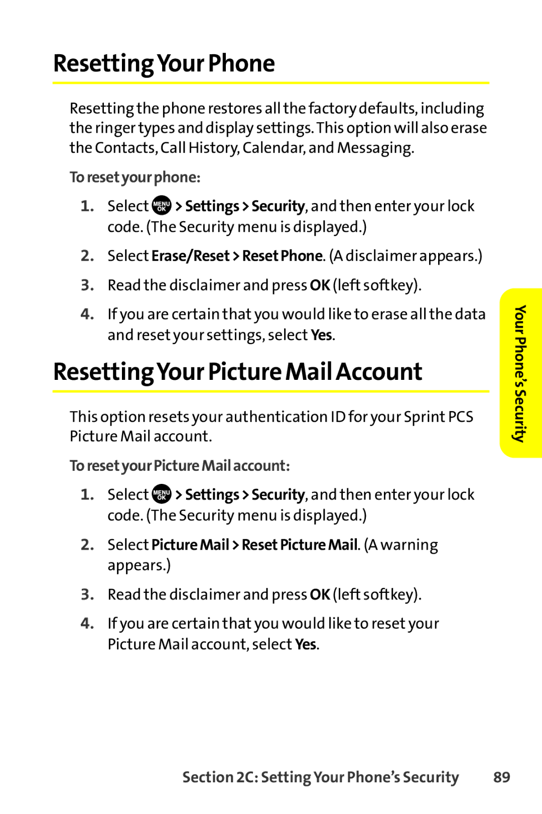 Sprint Nextel SCP-8400 manual ResettingYour Phone, ResettingYour Picture Mail Account, Toresetyourphone 