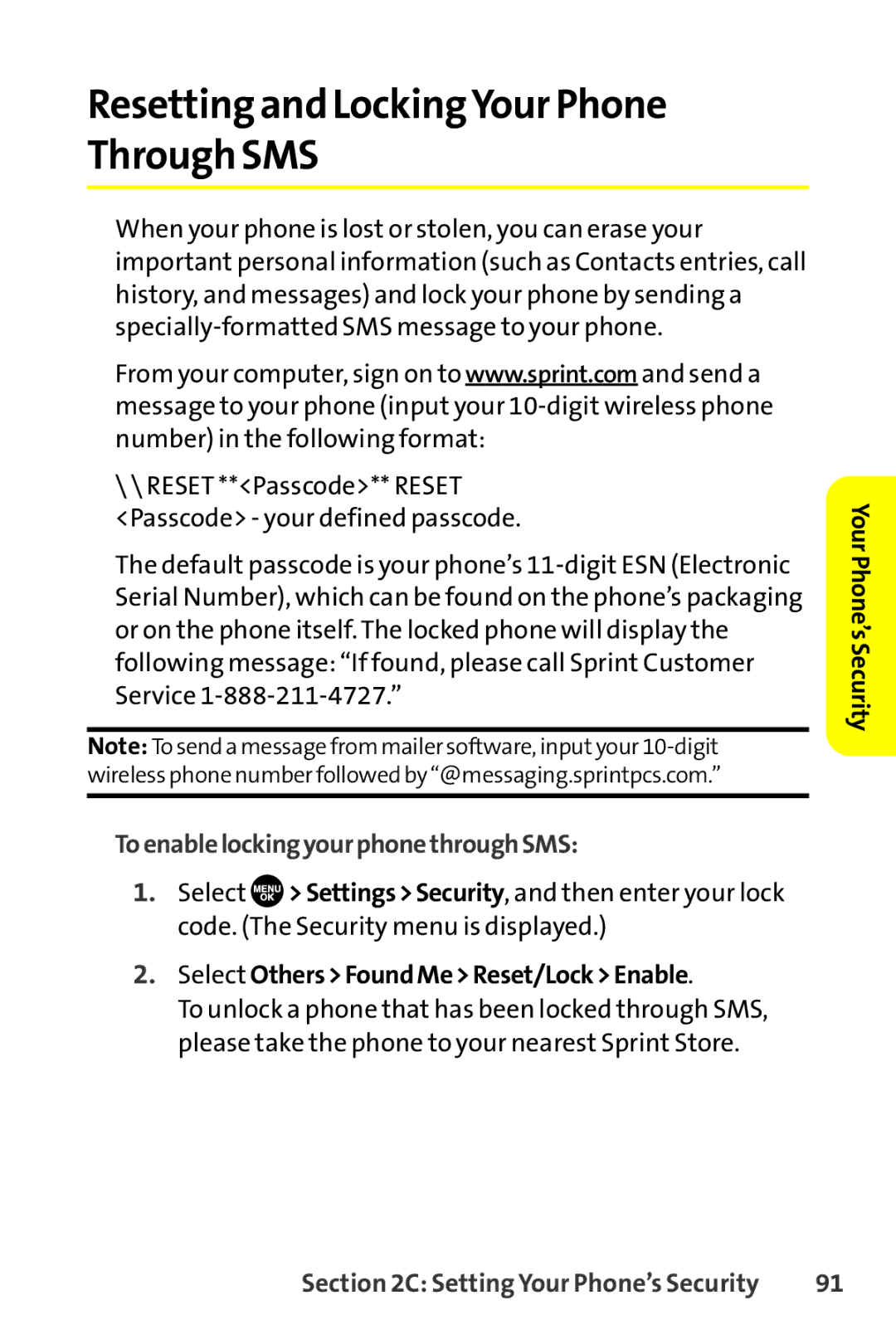 Sprint Nextel SCP-8400 manual Resetting and LockingYour Phone Through SMS, ToenablelockingyourphonethroughSMS 