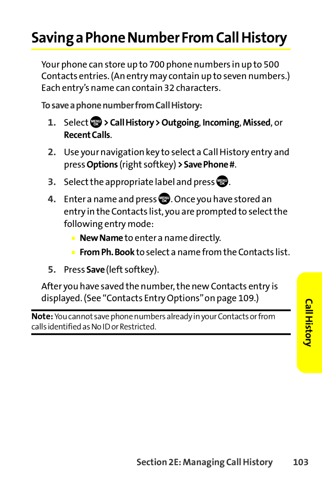Sprint Nextel SCP-8400 manual TosaveaphonenumberfromCallHistory, 103 