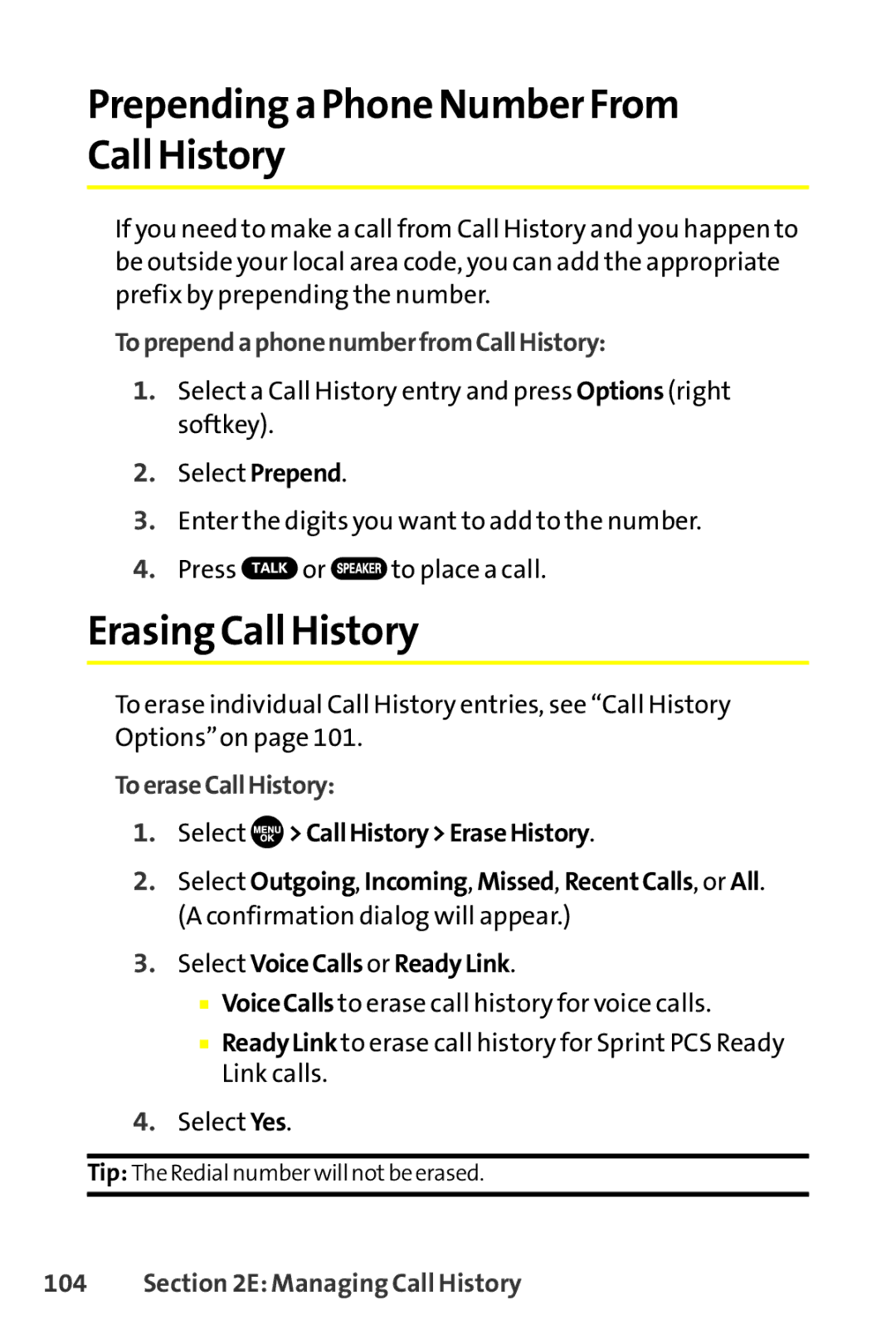 Sprint Nextel SCP-8400 manual Prepending a Phone Number From Call History, Erasing Call History, ToeraseCallHistory 