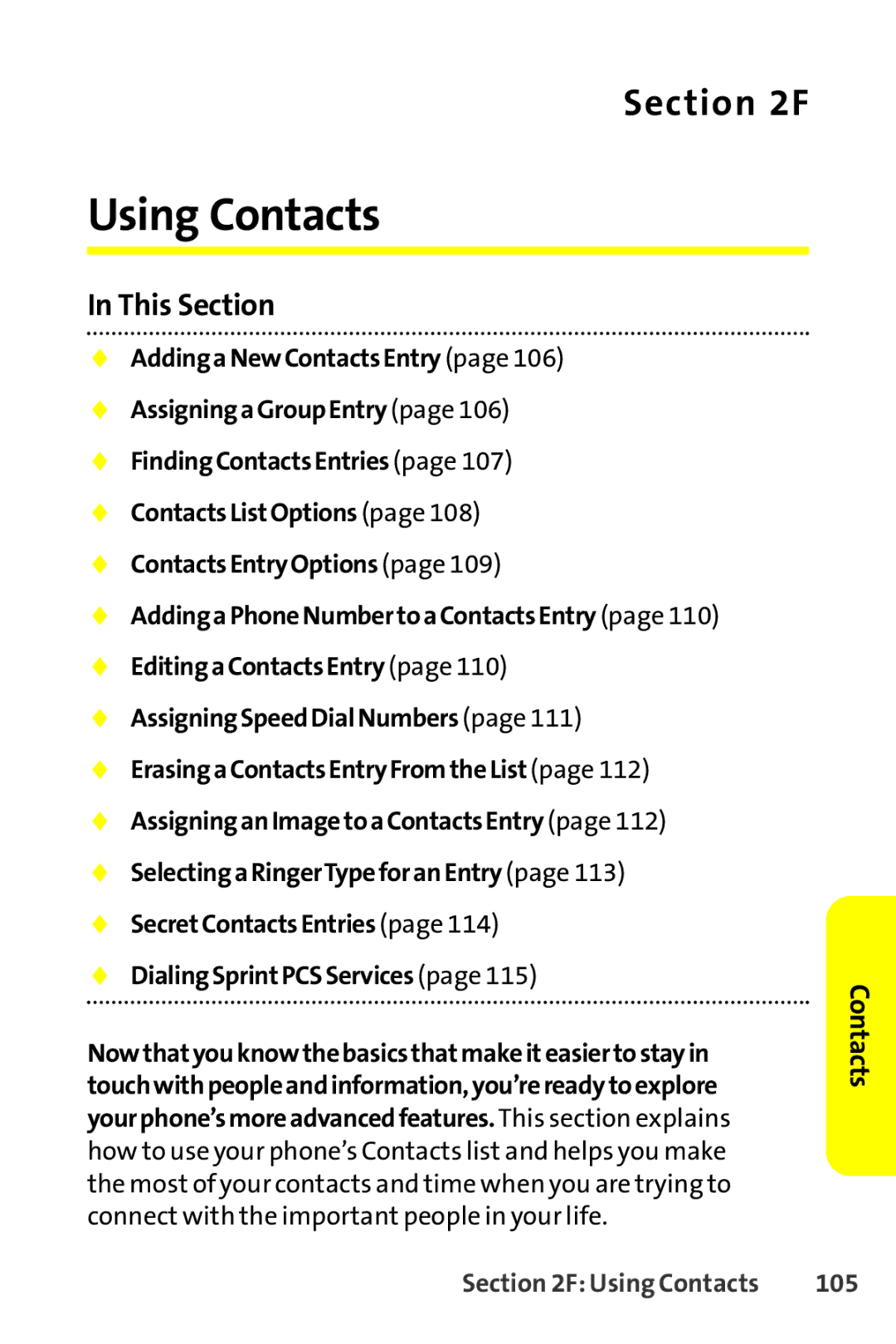 Sprint Nextel SCP-8400 manual Using Contacts, 105 