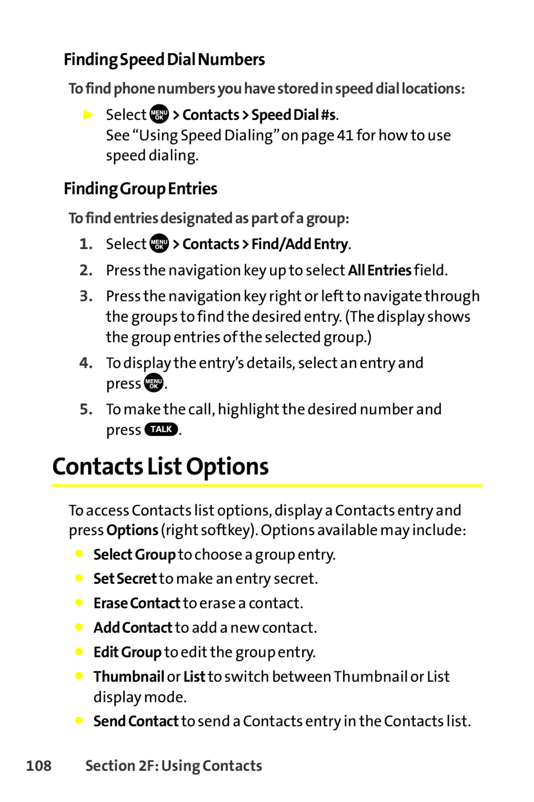 Sprint Nextel SCP-8400 manual Contacts ListOptions, FindingSpeedDialNumbers, FindingGroupEntries 