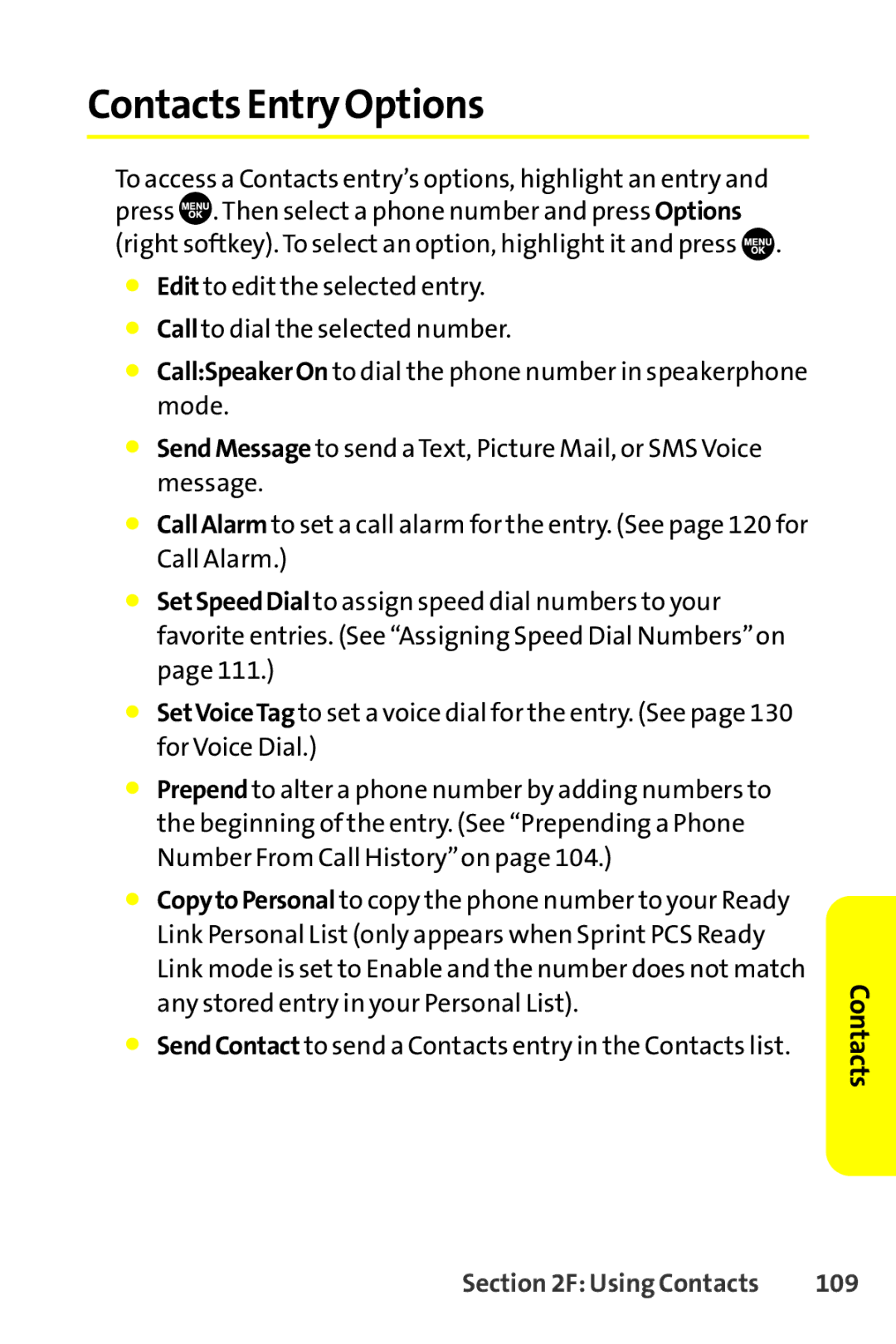 Sprint Nextel SCP-8400 manual Contacts Entry Options, 109 