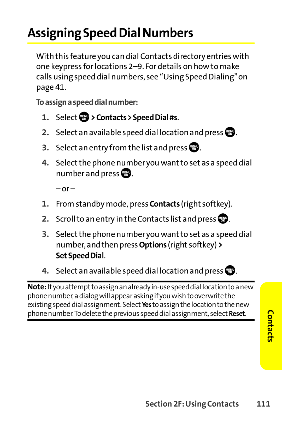 Sprint Nextel SCP-8400 manual Assigning Speed Dial Numbers, Toassignaspeeddialnumber, Select ContactsSpeedDial#s, 111 