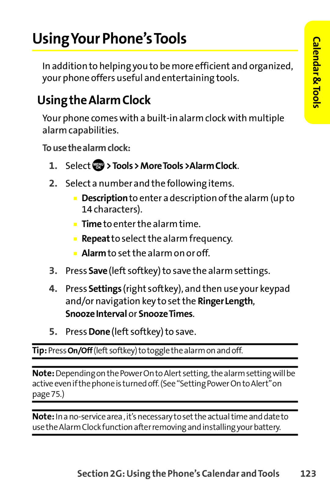 Sprint Nextel SCP-8400 UsingYour Phone’sTools, Using the Alarm Clock, Tousethealarmclock, Select ToolsMoreToolsAlarmClock 