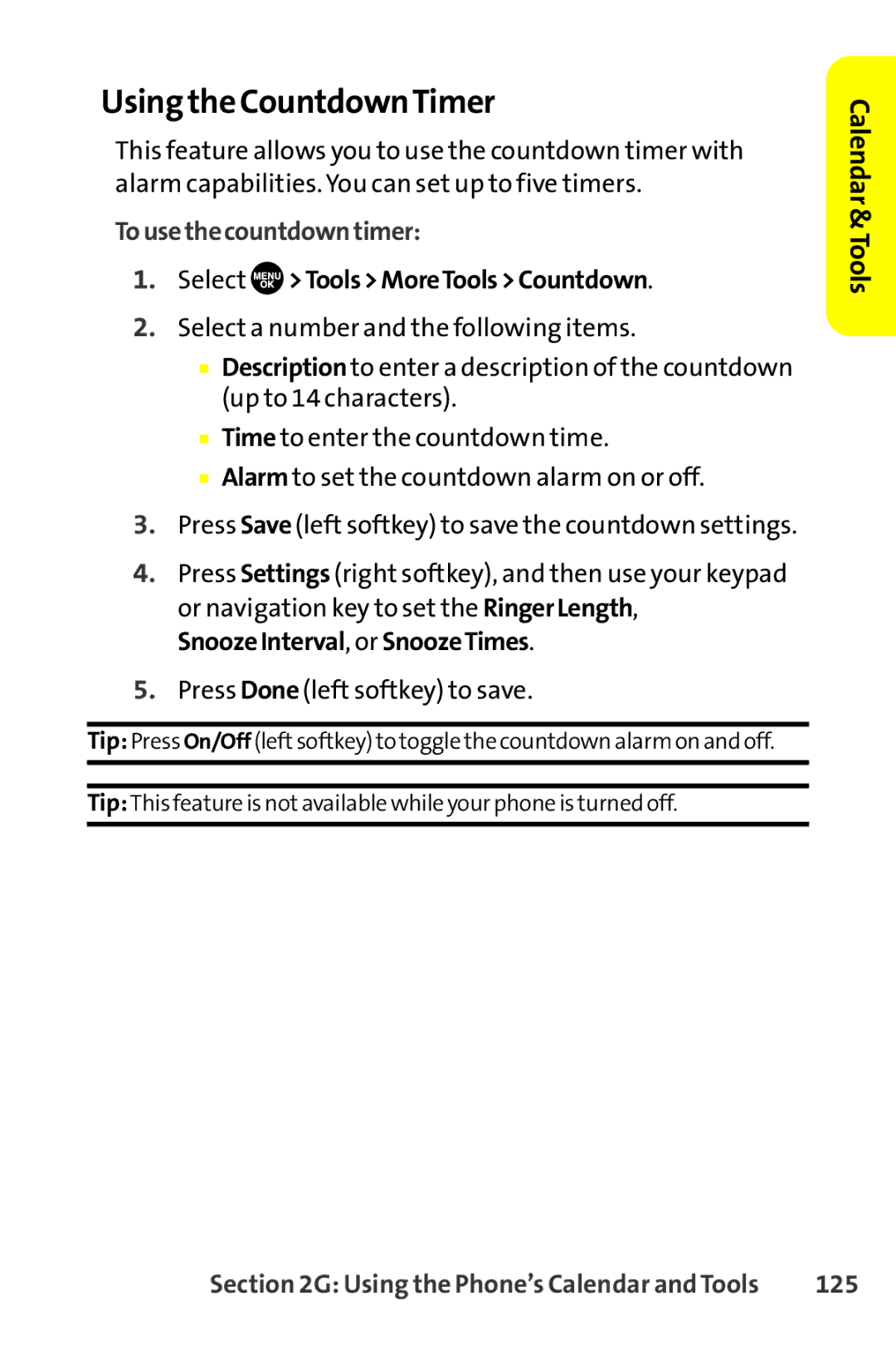 Sprint Nextel SCP-8400 manual Using the CountdownTimer, Tousethecountdowntimer, Select ToolsMoreToolsCountdown, 125 