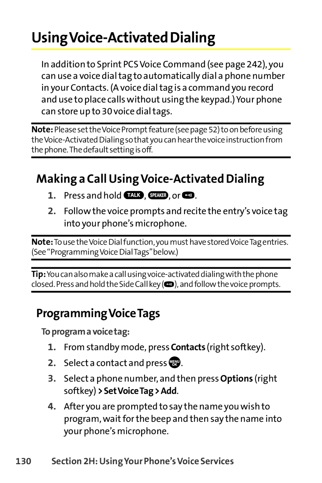 Sprint Nextel SCP-8400 UsingVoice-Activated Dialing, Making a Call Using Voice-Activated Dialing, ProgrammingVoiceTags 