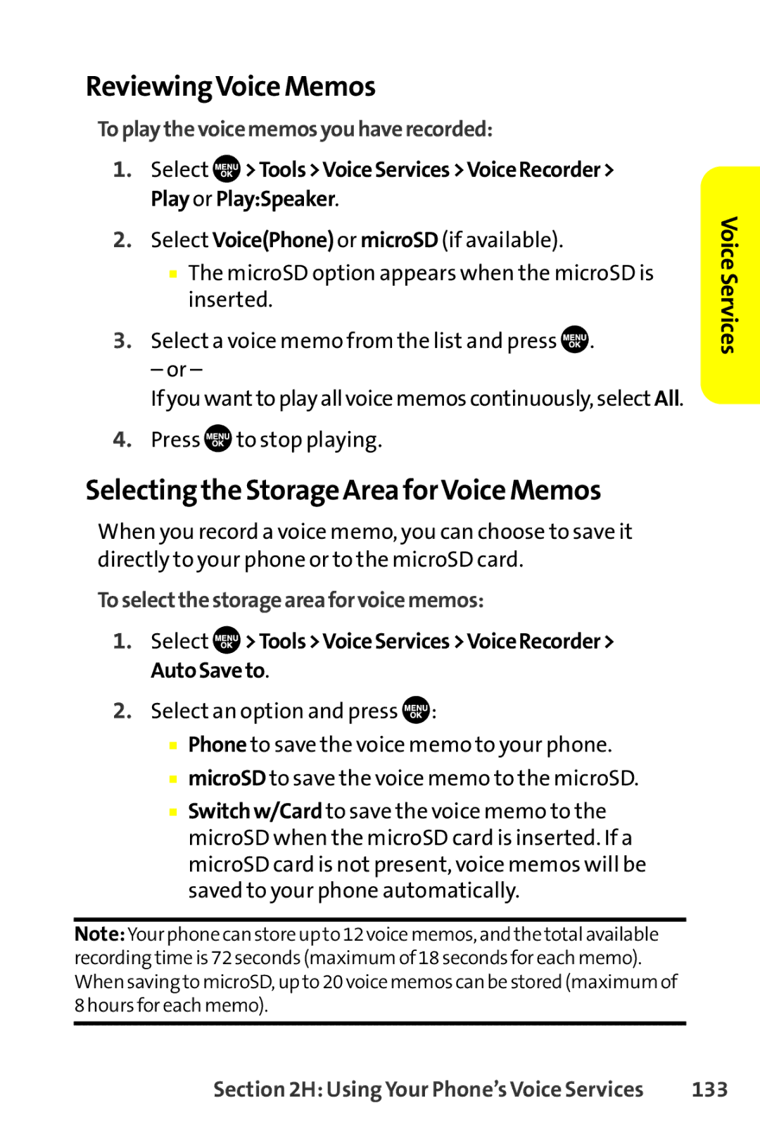 Sprint Nextel SCP-8400 ReviewingVoice Memos, Selecting the Storage Area forVoice Memos, Toplaythevoicememosyouhaverecorded 