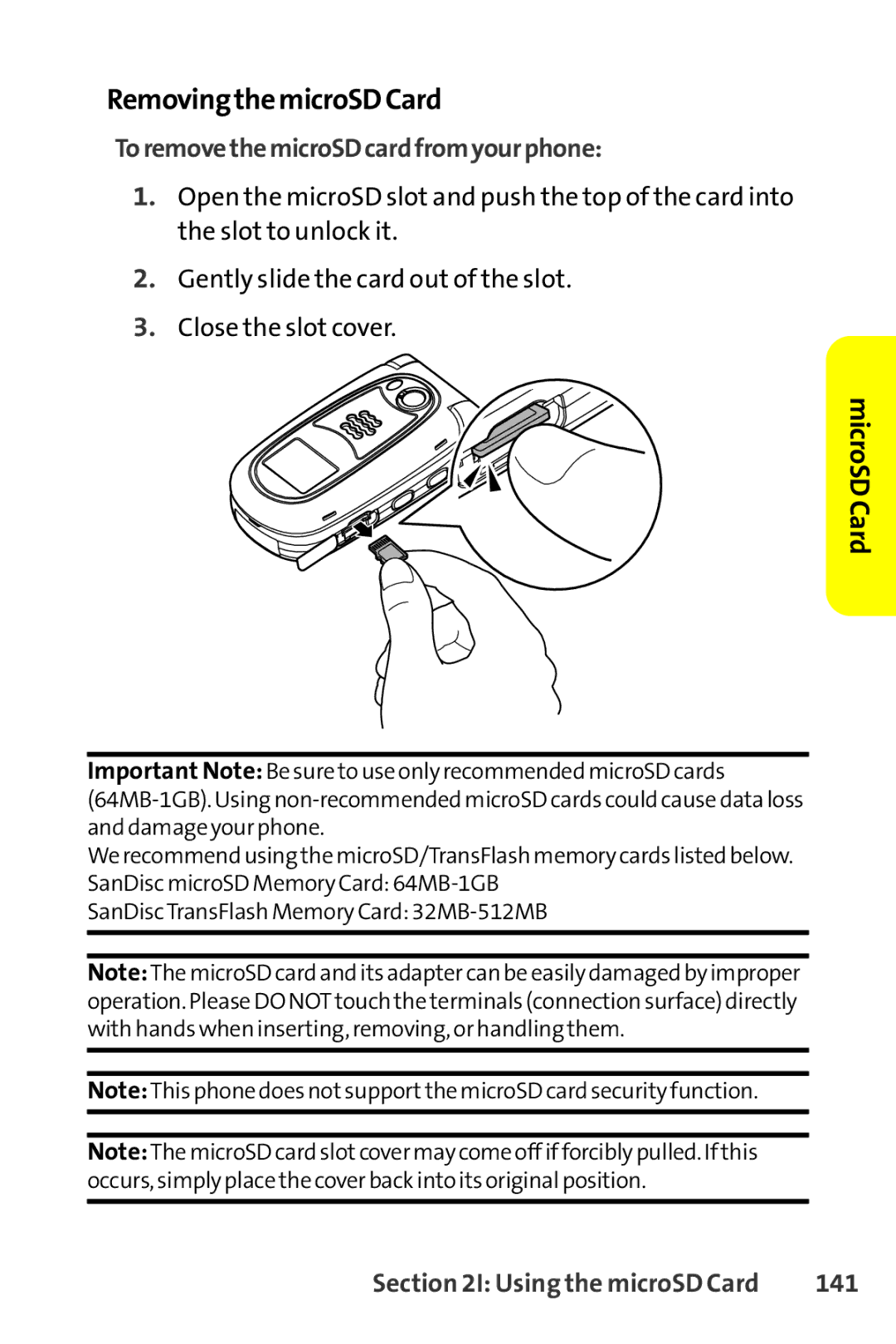 Sprint Nextel SCP-8400 manual RemovingthemicroSDCard, ToremovethemicroSDcardfromyourphone, 141 