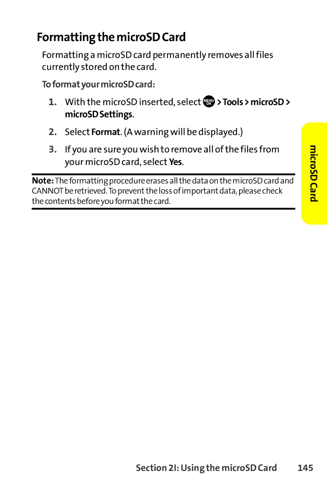 Sprint Nextel SCP-8400 manual Formatting the microSD Card, ToformatyourmicroSDcard, 145 