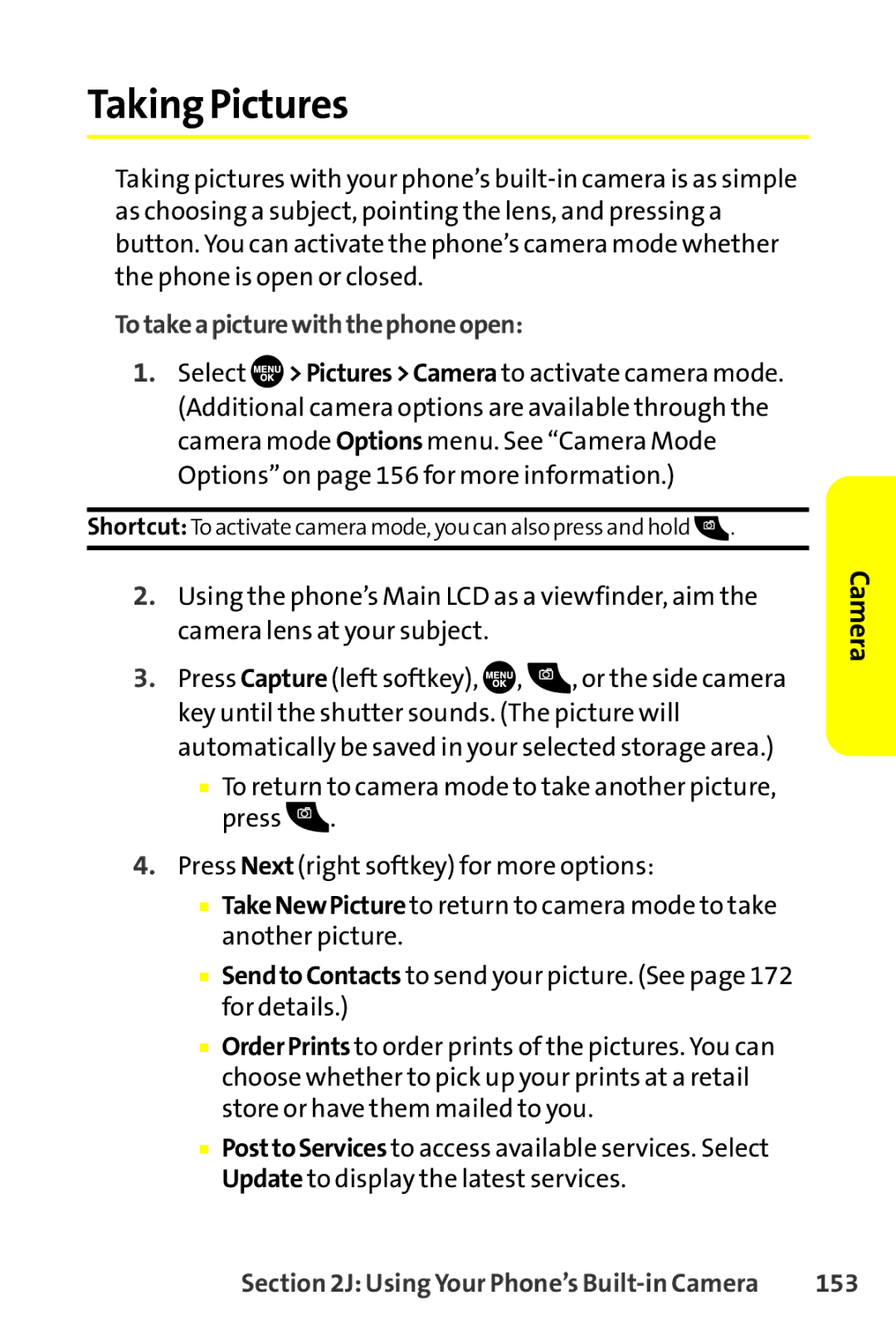 Sprint Nextel SCP-8400 manual Taking Pictures, Totakeapicturewiththephoneopen, 153 