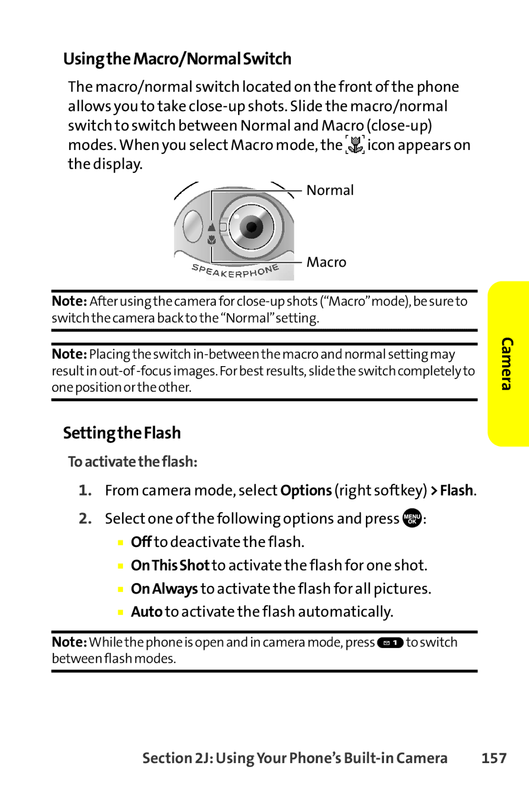 Sprint Nextel SCP-8400 manual UsingtheMacro/NormalSwitch, SettingtheFlash, Toactivatetheflash, 157 