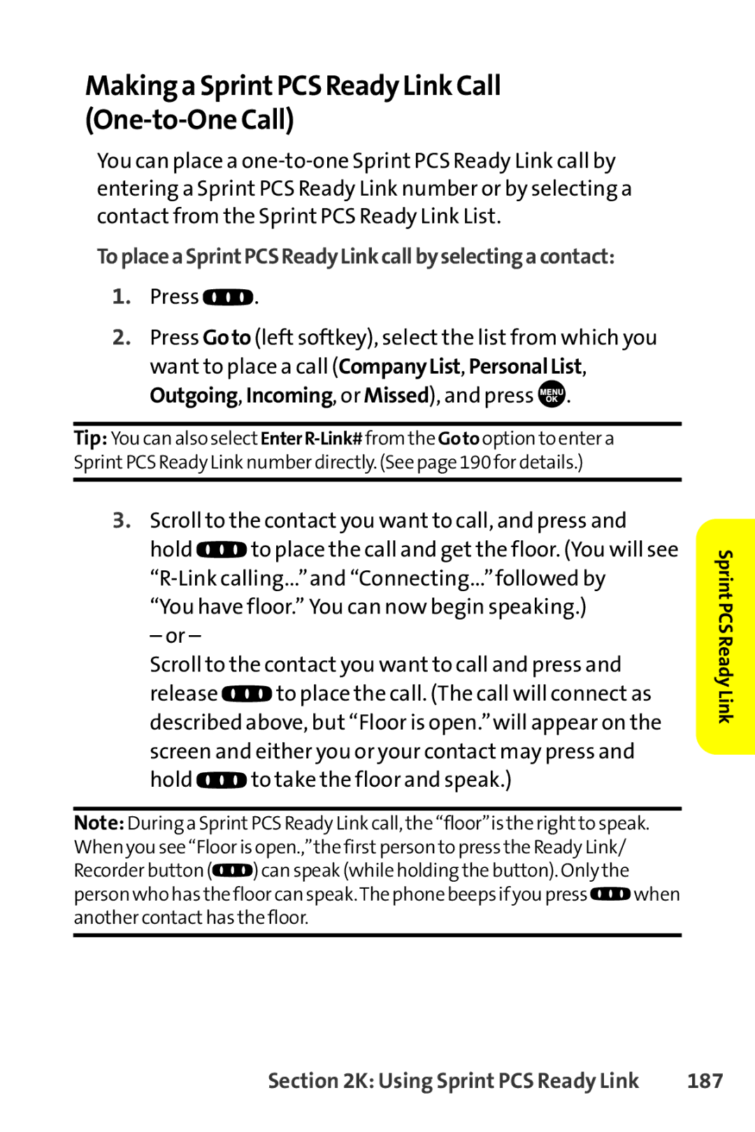 Sprint Nextel SCP-8400 manual Making a SprintPCS Ready Link Call One-to-One Call, 187 