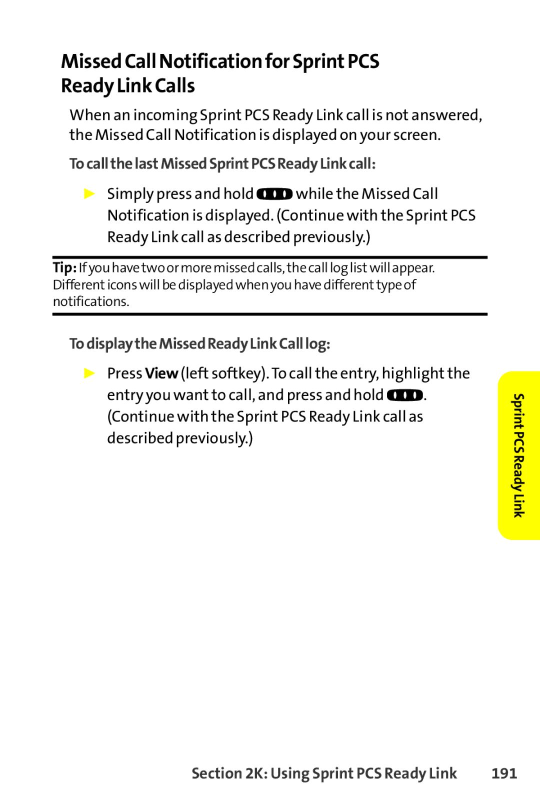 Sprint Nextel SCP-8400 Missed Call Notification for SprintPCS Ready Link Calls, TocallthelastMissedSprintPCSReadyLinkcall 
