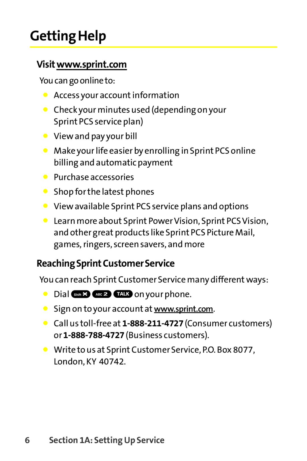 Sprint Nextel SCP-8400 manual Getting Help, ReachingSprintCustomerService 