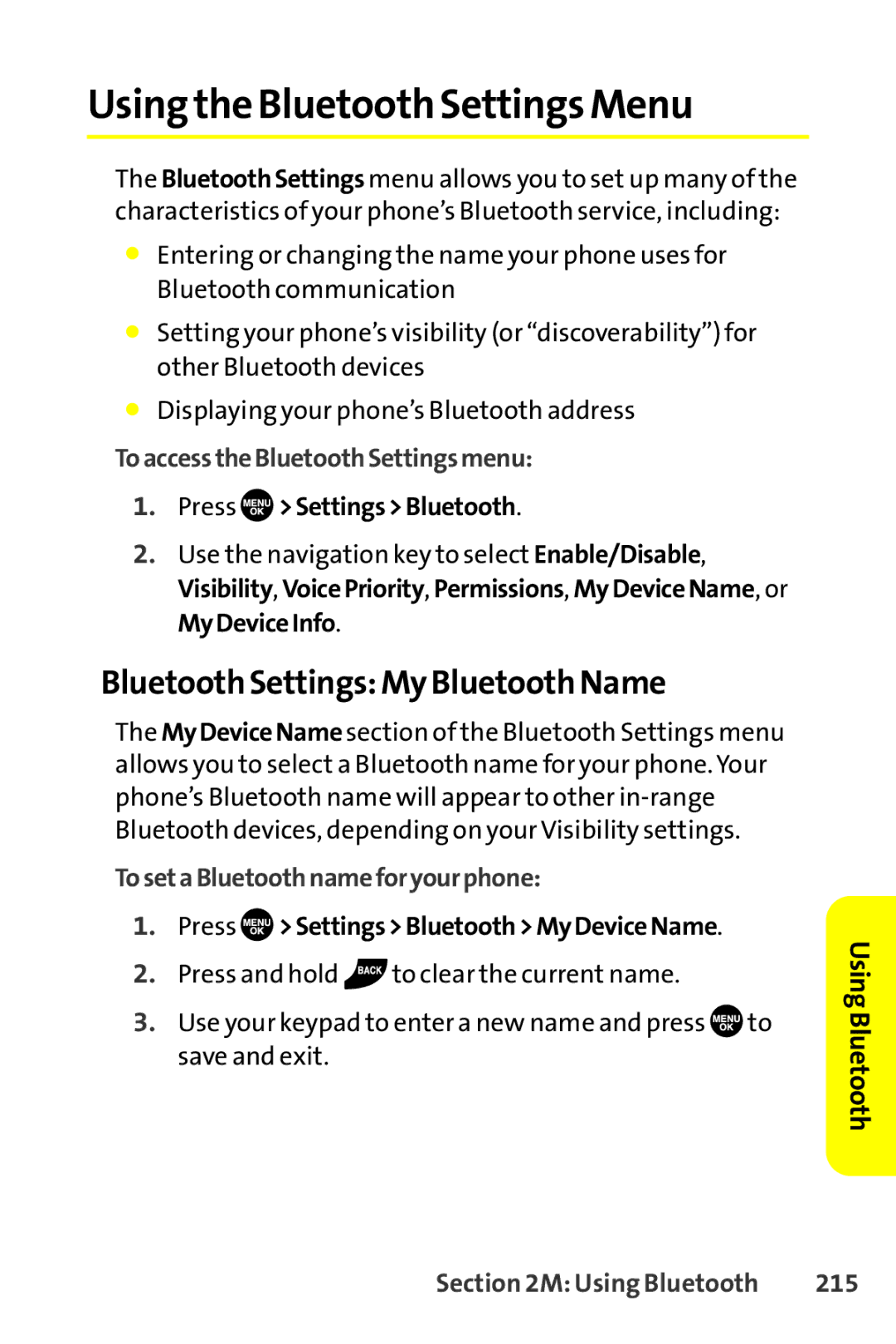 Sprint Nextel SCP-8400 manual Using the Bluetooth Settings Menu, Bluetooth Settings My Bluetooth Name, 215 