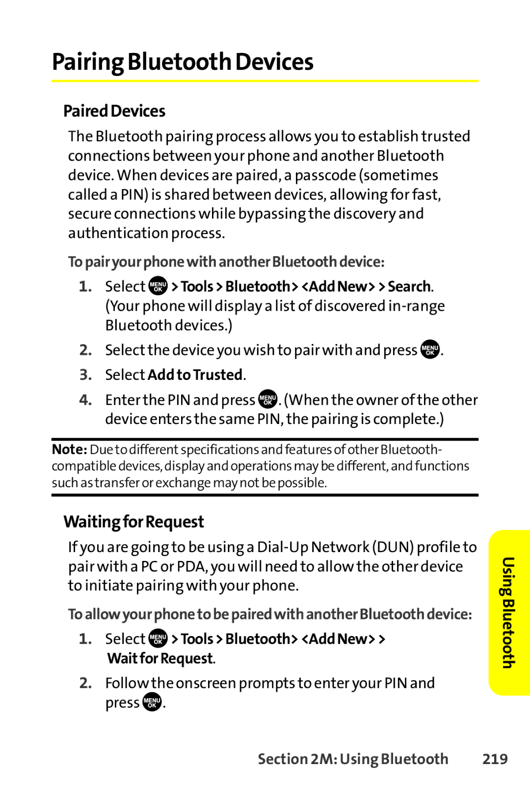 Sprint Nextel SCP-8400 manual Pairing Bluetooth Devices, PairedDevices, WaitingforRequest, 219 