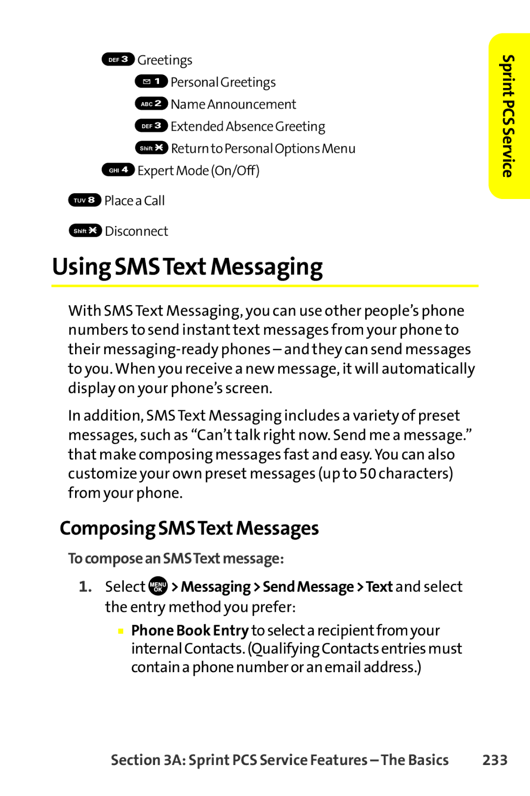 Sprint Nextel SCP-8400 manual Using SMSTextMessaging, Composing SMSTextMessages, TocomposeanSMSTextmessage, 233 