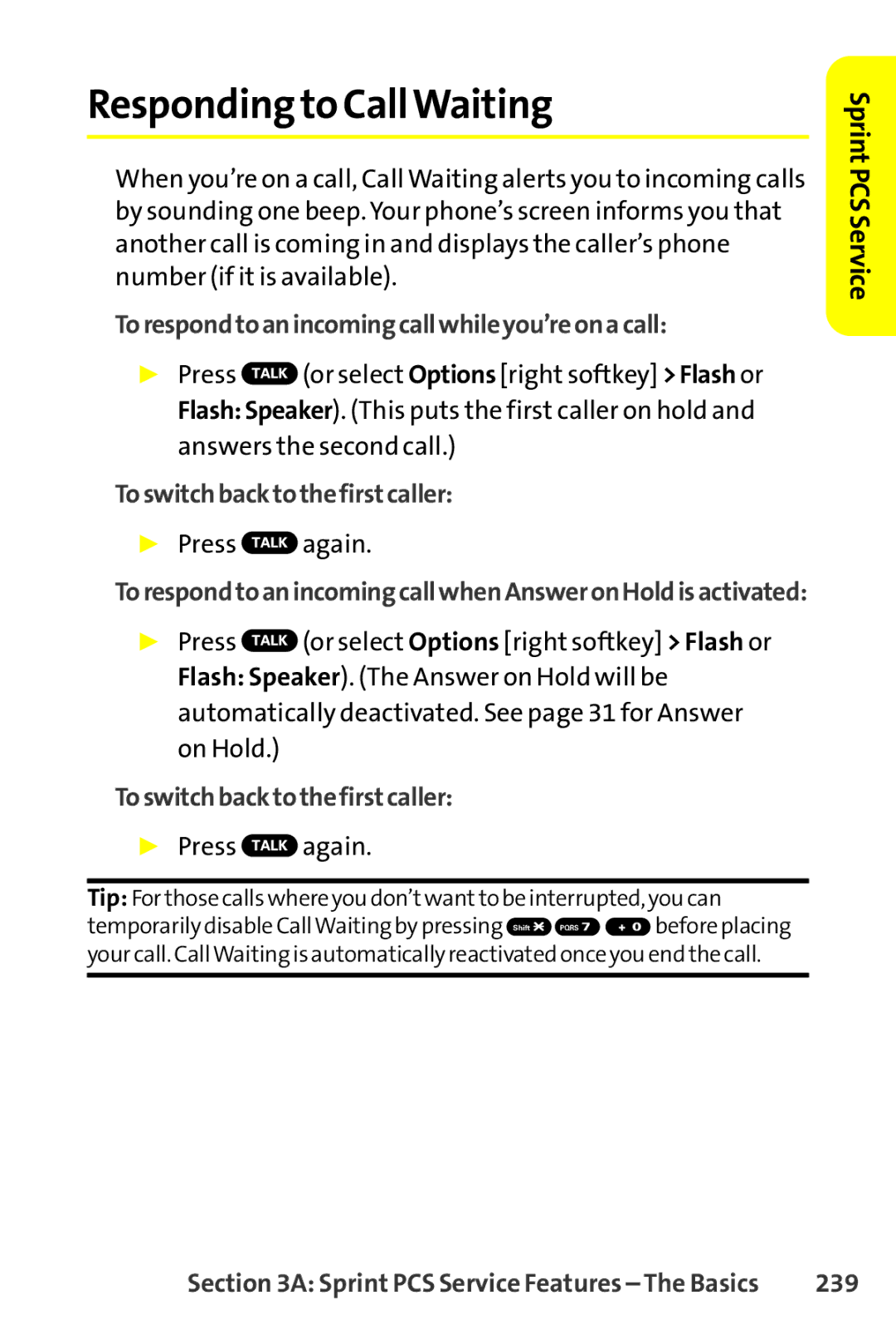 Sprint Nextel SCP-8400 manual Responding to CallWaiting, Torespondtoanincomingcallwhileyou’reonacall, 239 