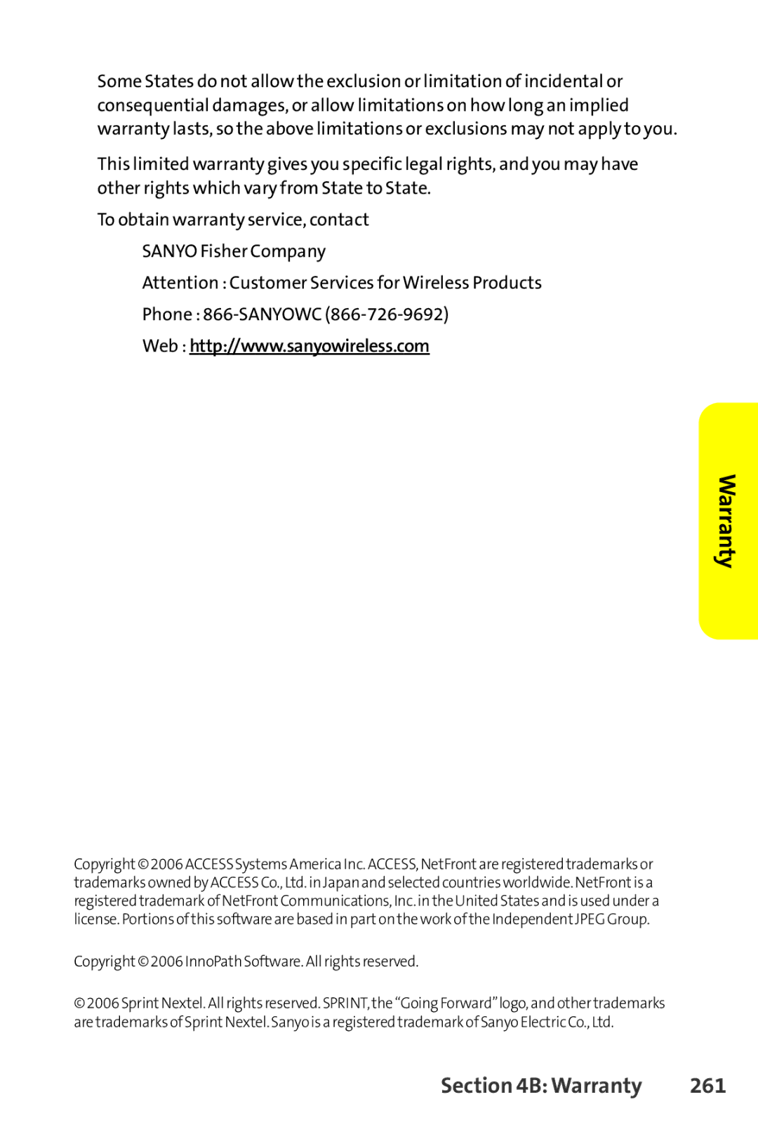 Sprint Nextel SCP-8400 manual Warranty 261 