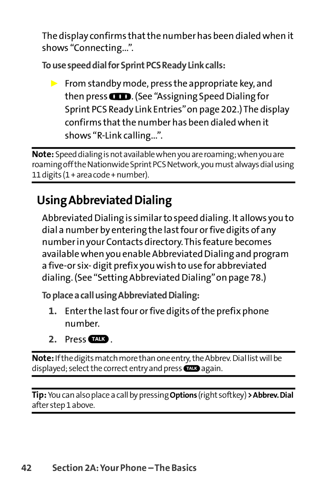 Sprint Nextel SCP-8400 manual Using Abbreviated Dialing, TousespeeddialforSprintPCSReadyLinkcalls 