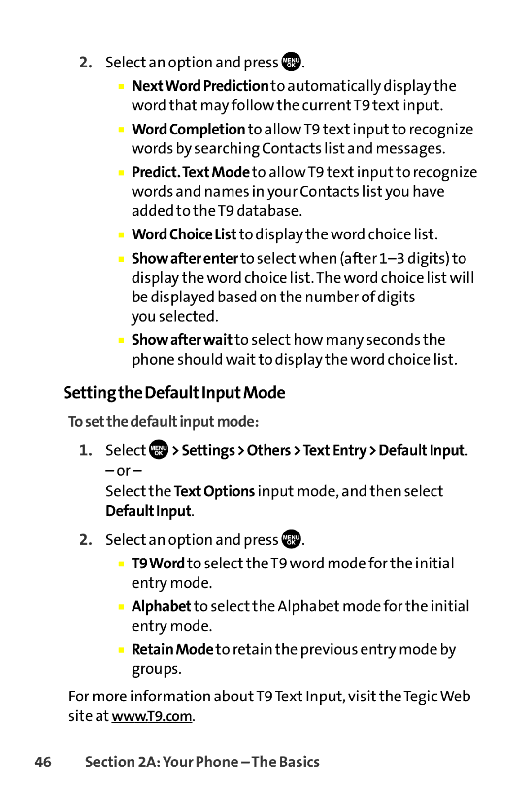 Sprint Nextel SCP-8400 SettingtheDefaultInputMode, Tosetthedefaultinputmode, Select SettingsOthersTextEntryDefaultInput 