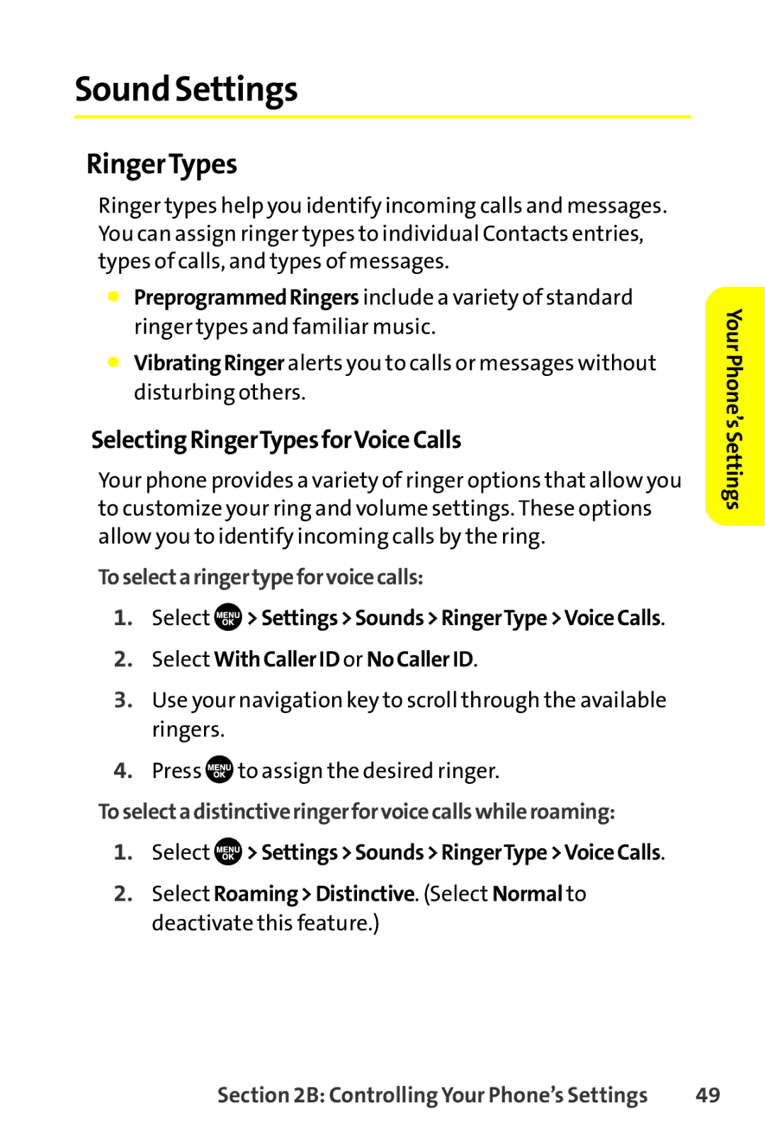 Sprint Nextel SCP-8400 manual Sound Settings, SelectingRingerTypesforVoiceCalls, Toselectaringertypeforvoicecalls 