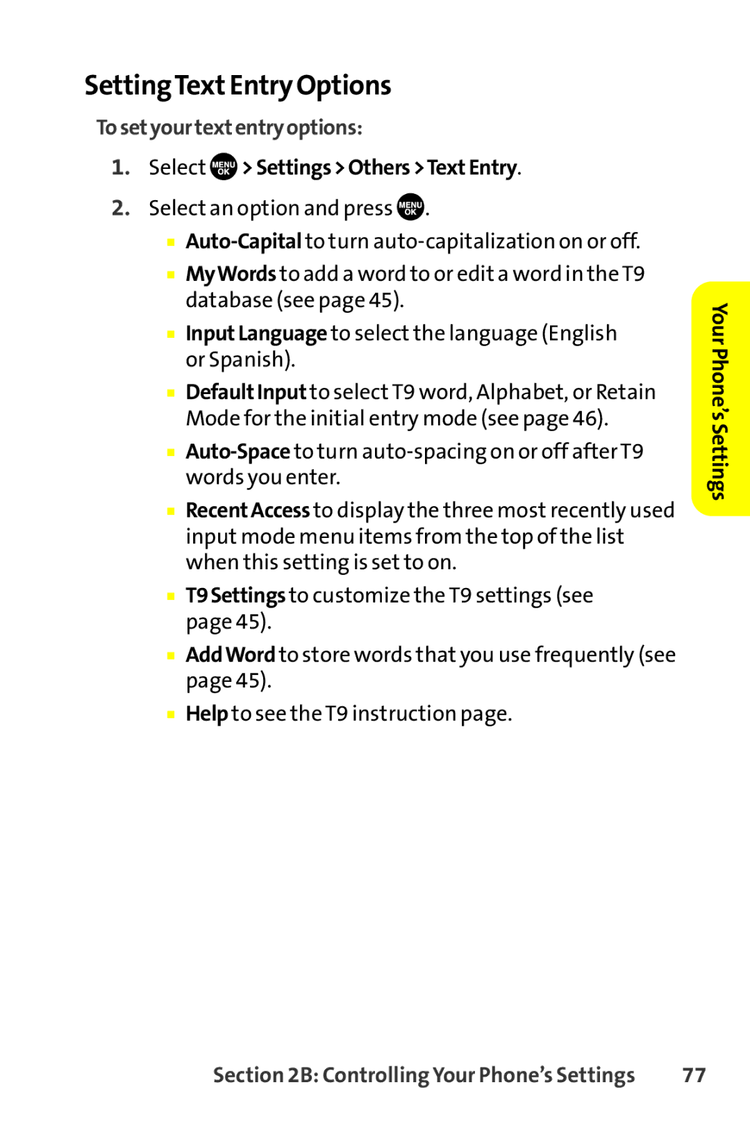 Sprint Nextel SCP-8400 manual SettingTextEntry Options, Tosetyourtextentryoptions, Select SettingsOthersTextEntry 