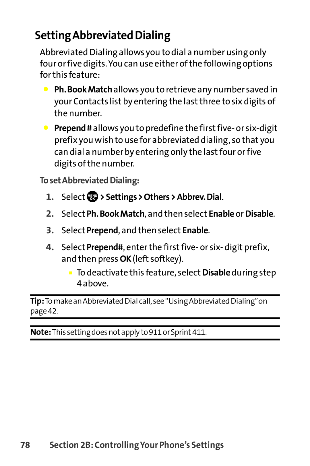 Sprint Nextel SCP-8400 manual Setting Abbreviated Dialing, TosetAbbreviatedDialing, Select SettingsOthersAbbrev.Dial 